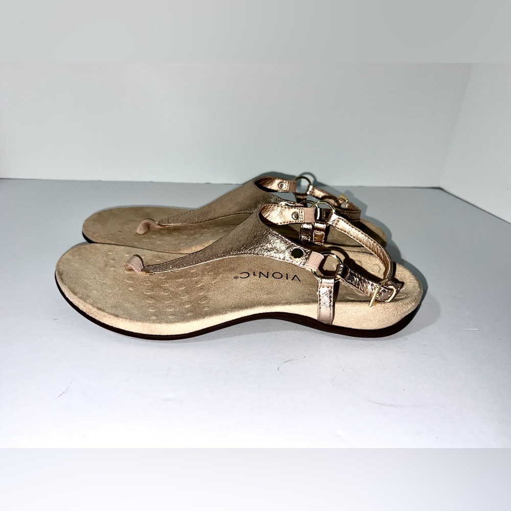 Vionic Metallic Gold Thong Sandals Women Comfort Back Strap Flat T-Strap Sz 10